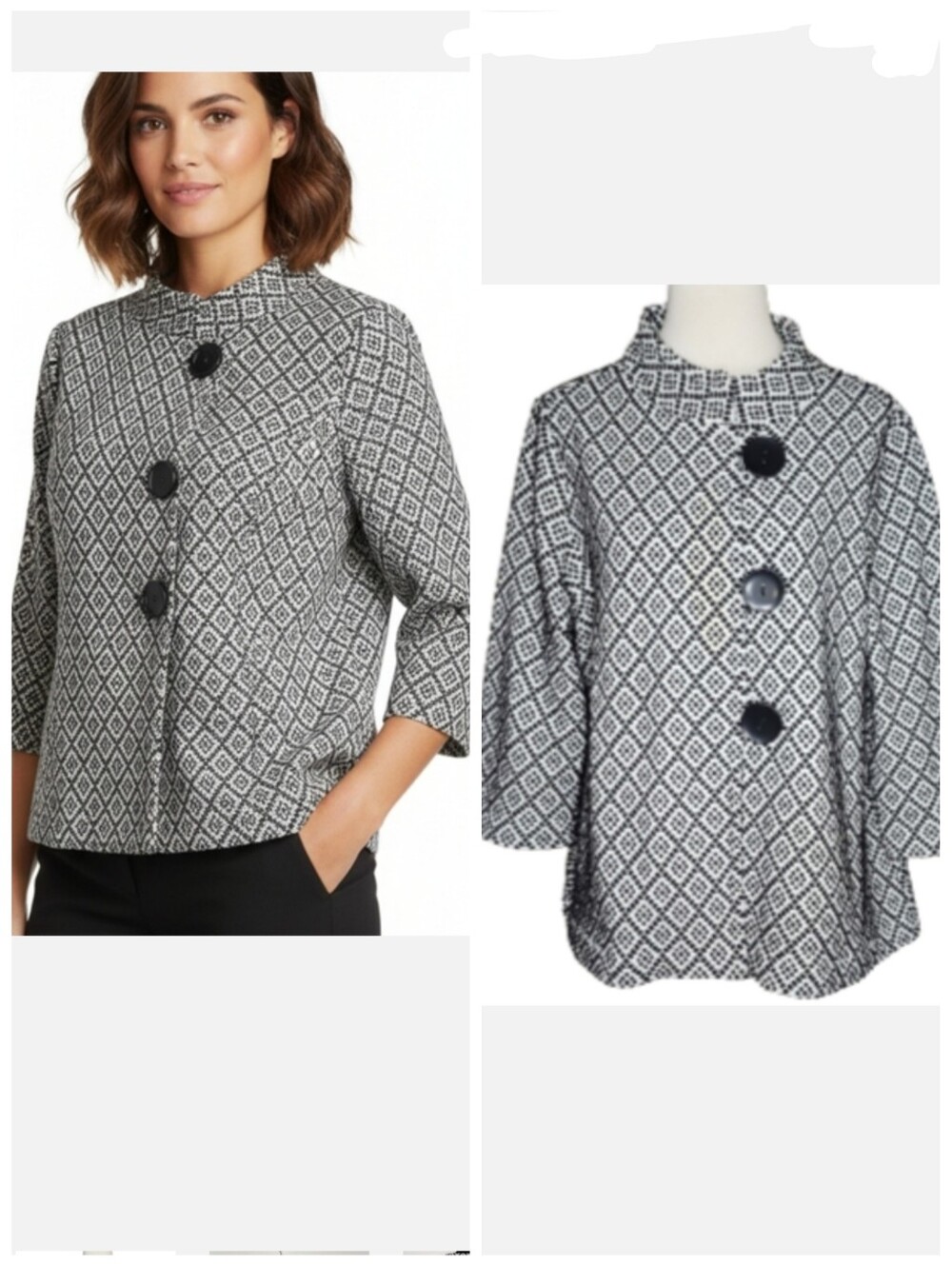 JM Collection white and black cropped jacket with large buttons Women's Large